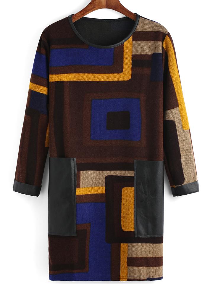 Romwe Round Neck Geometric Pattern Pockets Blue Dress