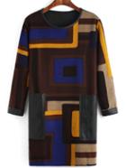 Romwe Round Neck Geometric Pattern Pockets Blue Dress