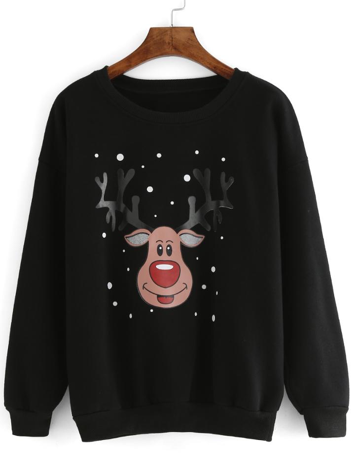 Romwe Cartoon Print Loose Black Sweatshirt