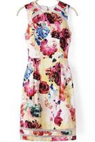 Romwe Sleeveless With Organza Hem Floral Hollow Dress