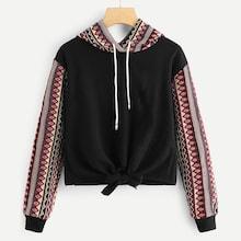 Romwe Tribal Print Knot Front Hoodie