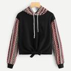 Romwe Tribal Print Knot Front Hoodie