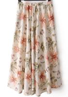 Romwe Elastic Waist Flower Print Pleated Pink Skirt