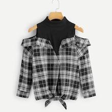 Romwe Tartan Plaid Cold-shoulder Knot Hem 2 In 1 Blouse