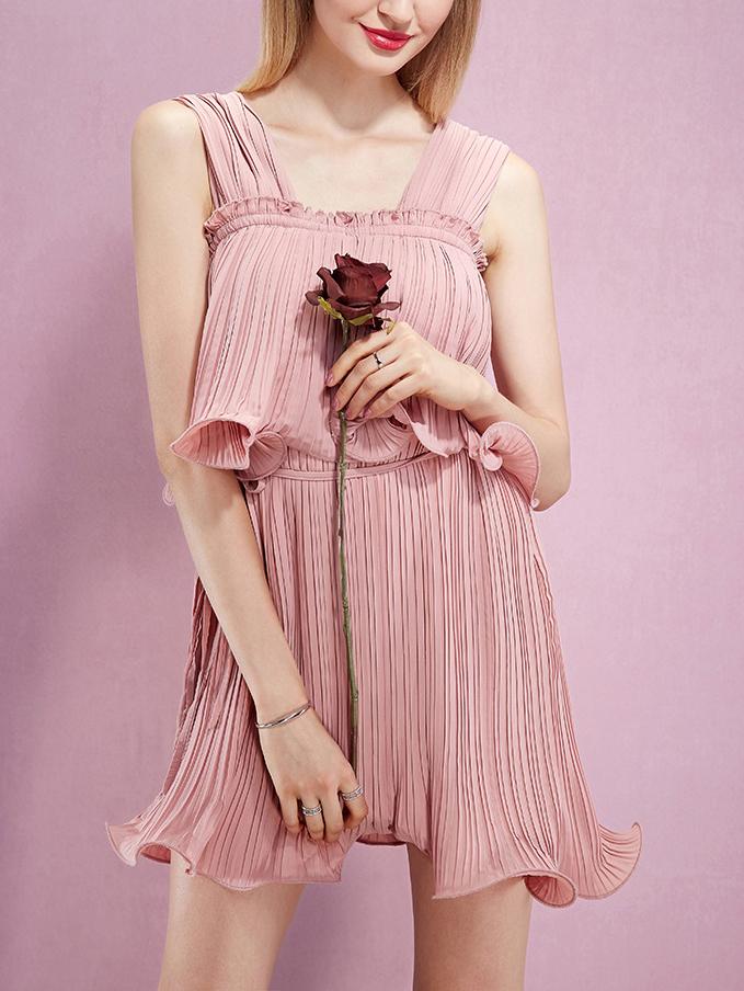 Romwe Pink Pleated Layered Ruffled Chiffon Dress