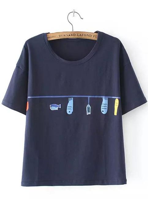 Romwe Fish Embroidered Navy T-shirt