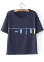 Romwe Fish Embroidered Navy T-shirt