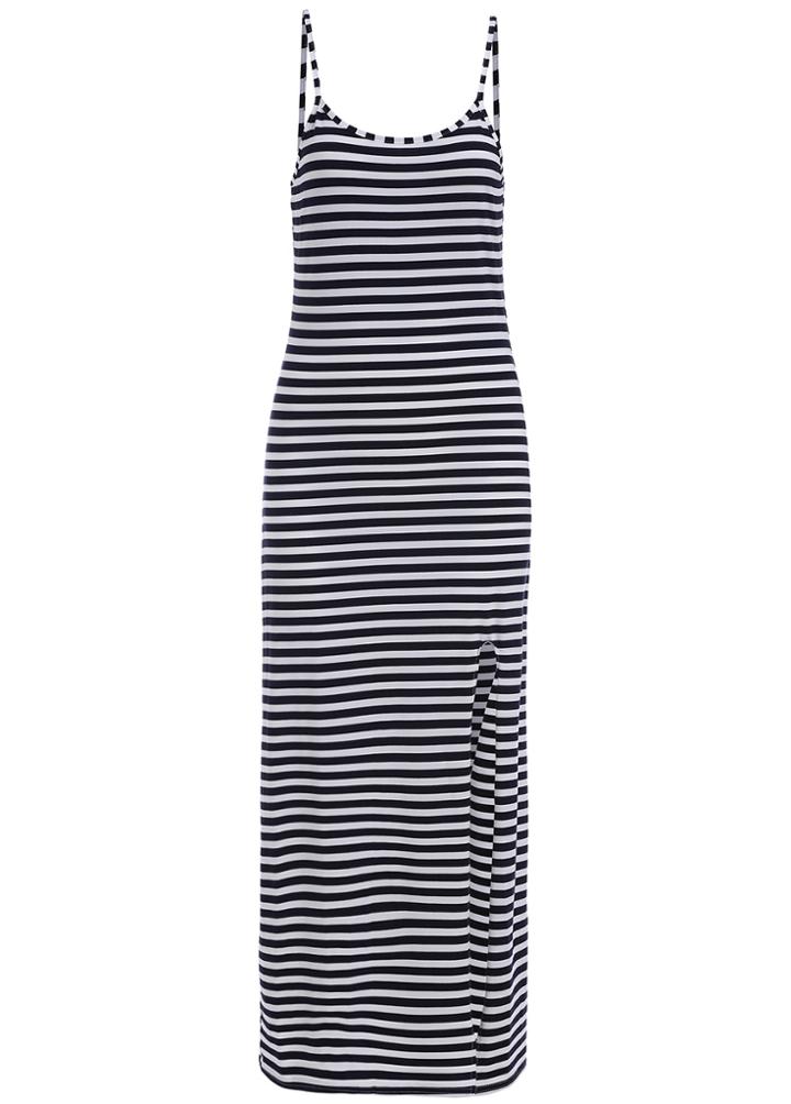 Romwe Spaghetti Strap Split Striped Dress