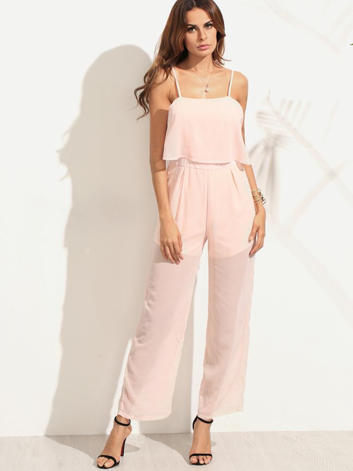 Romwe Pink Spaghetti Strap Ruffle Chiffon Jumpsuit