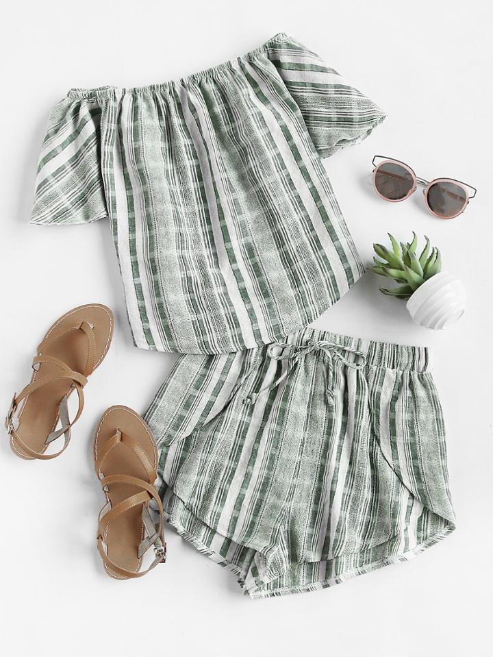 Romwe Linen Look Bardot Top And Drawstring Overlap Shorts Set