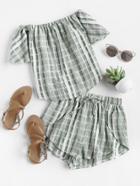Romwe Linen Look Bardot Top And Drawstring Overlap Shorts Set