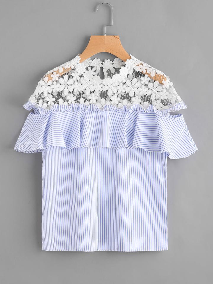 Romwe Lace Paneled Striped Frill Trim Hollow Out Top