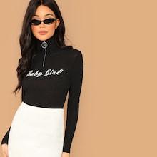 Romwe O-ring Zip Half Placket Lettering Tee