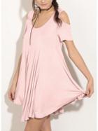 Romwe Pink Cold Shoulder Pointed Hem Shift Dress