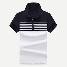 Romwe Men Contrast Neck Striped Polo Shirt