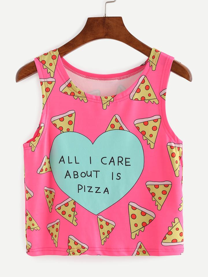 Romwe Pizza Print Crop Tank Top - Hot Pink