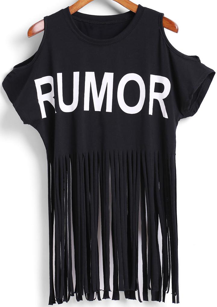Romwe Open Shoulder With Tassel Letter Print Top