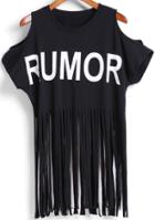 Romwe Open Shoulder With Tassel Letter Print Top