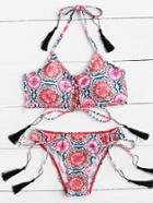 Romwe Calico Print Tassel Tie Halter Bikini Set