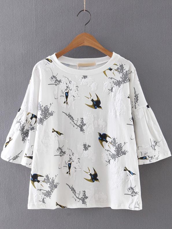 Romwe White Bell Sleeve Swallow Printed Blouse
