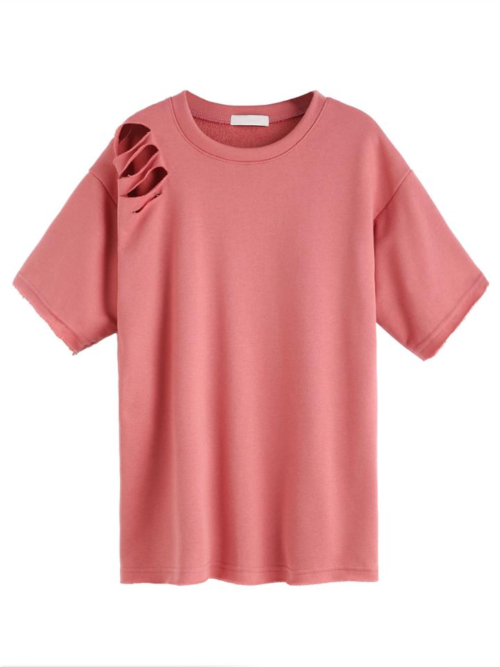 Romwe Pink Ripped Casual T-shirt