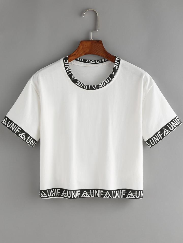 Romwe Printed Contrast Trim Crop Top