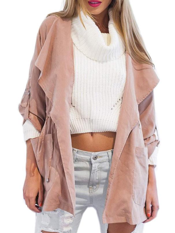Romwe Pink Hooded Drawstring Pockets Coat