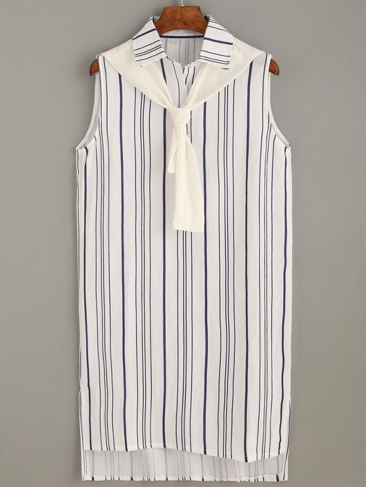 Romwe White Vertical Striped Tie Neck Shirt Dress