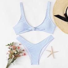 Romwe Gingham Knot Front Top With High Leg Bikini