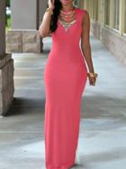 Romwe High Neck Backless Slit Maxi Dress - Hot Pink