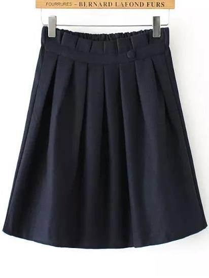 Romwe Elastic Waist Single Button Pleated Navy Skirt