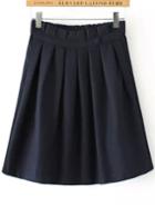 Romwe Elastic Waist Single Button Pleated Navy Skirt