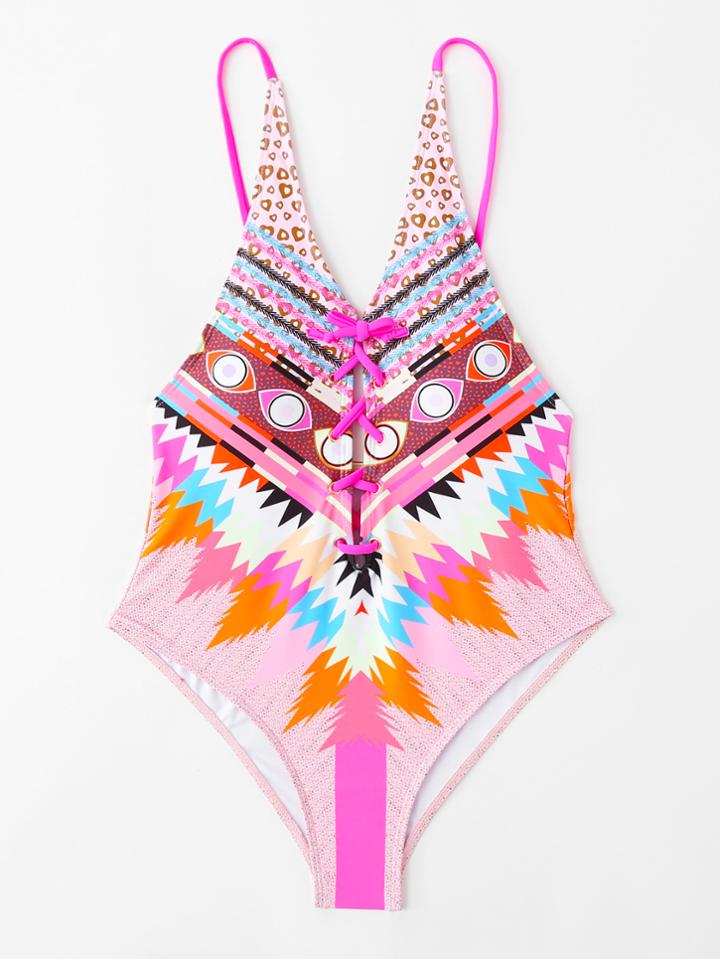 Romwe Lace Up Backless Swimsuit