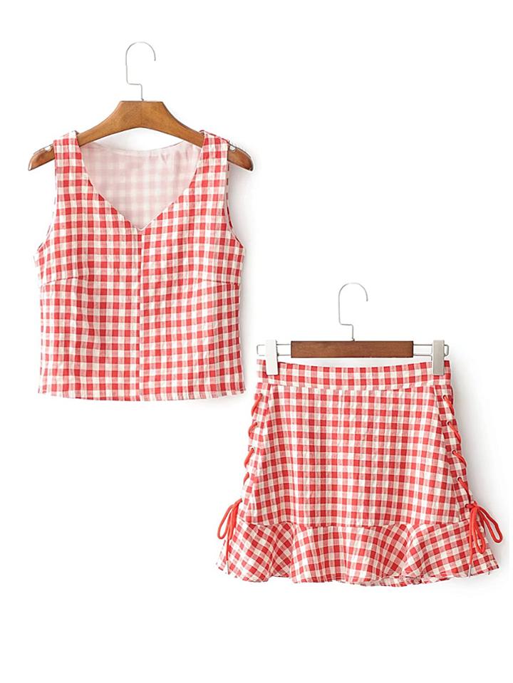 Romwe Plaid Tank Top With Lace Up Ruffle Skirt