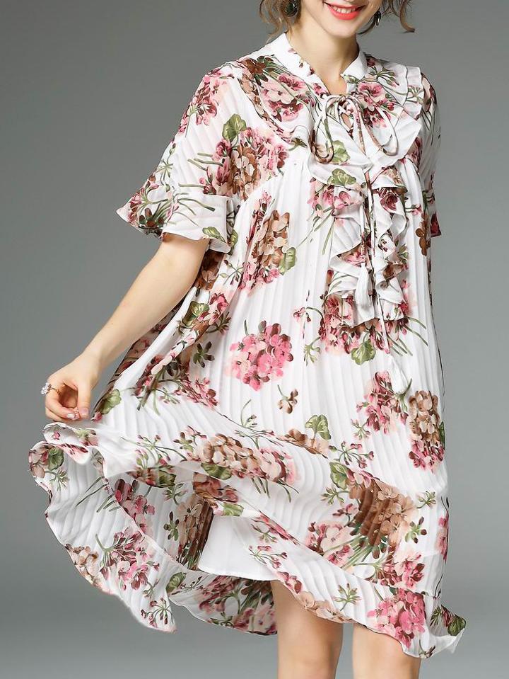 Romwe White Tie Neck Ruffle Floral Dress