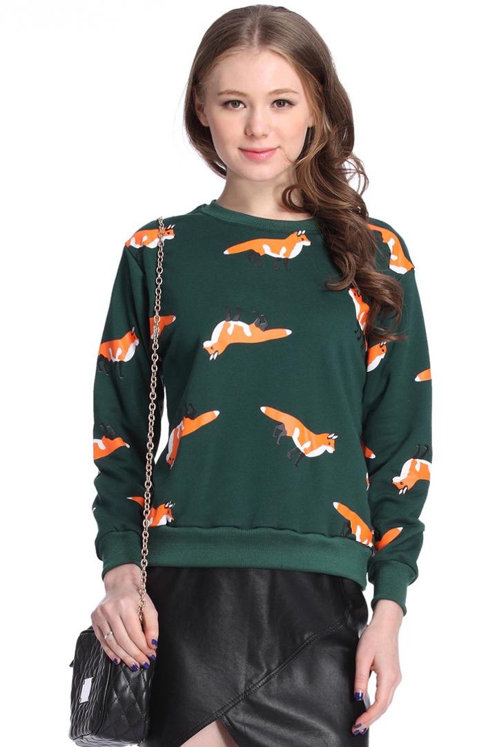 Romwe Little Fox Print Long Sleeve Green Sweatshirt