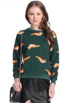 Romwe Little Fox Print Long Sleeve Green Sweatshirt