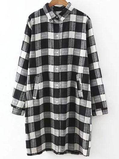 Romwe Black Plaid Dual Pockets Shirt Dress