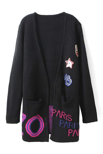 Romwe V-neck Letter Knitted Buttonless Black Cardigan