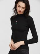 Romwe Black Mock Neck Flower Embroidery Ribbed Knit Sweater