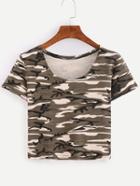 Romwe Khaki Camouflage Crop T-shirt