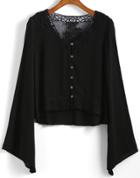 Romwe Dip Hem Lace Insert Black Top