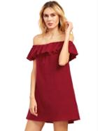 Romwe Flounce Off-the-shoulder Dress - Burgundy