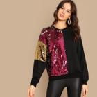 Romwe Sequin Contrast Color Block Pullover