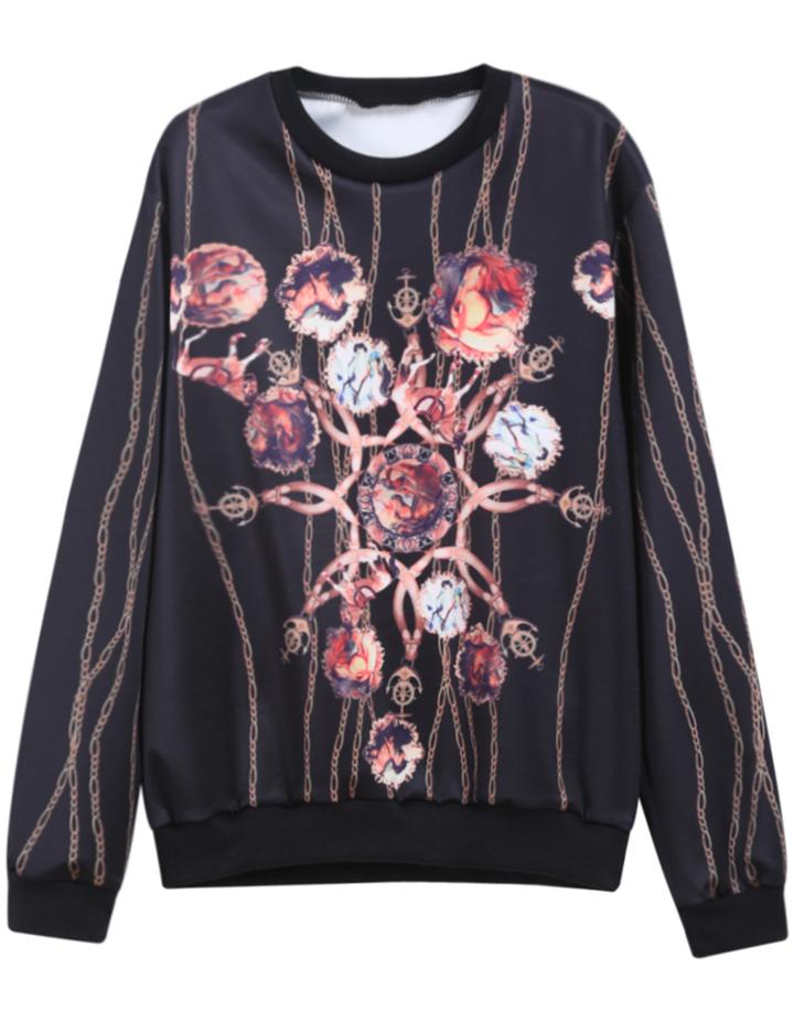 Romwe Chain Print Round Neck Loose Sweatshirt