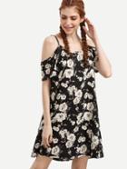 Romwe Black Cold Shoulder Flower Print Dress