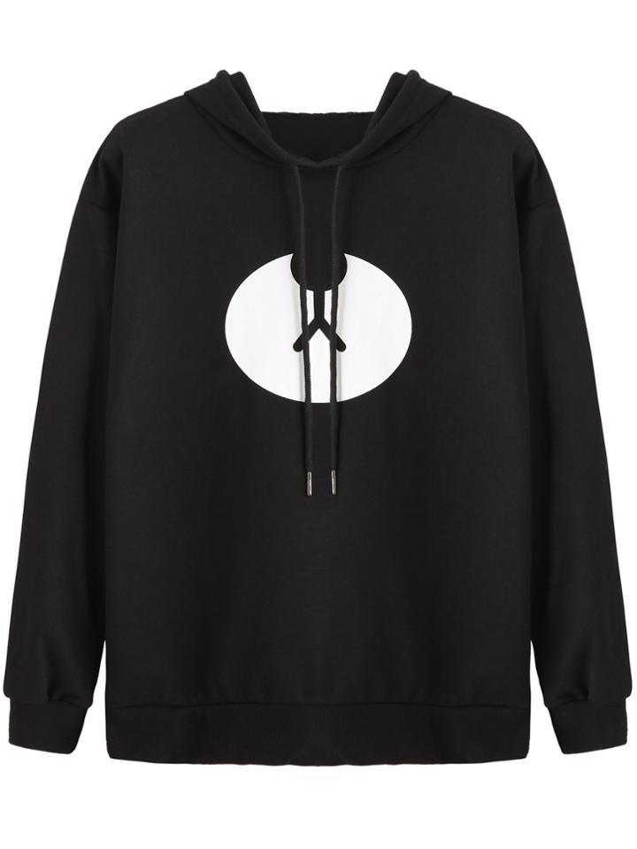 Romwe Black Graphic Print Hooded Sweatshirt