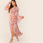 Romwe Ruffle Trim Knot Side  Botanical Print Wrap Dress