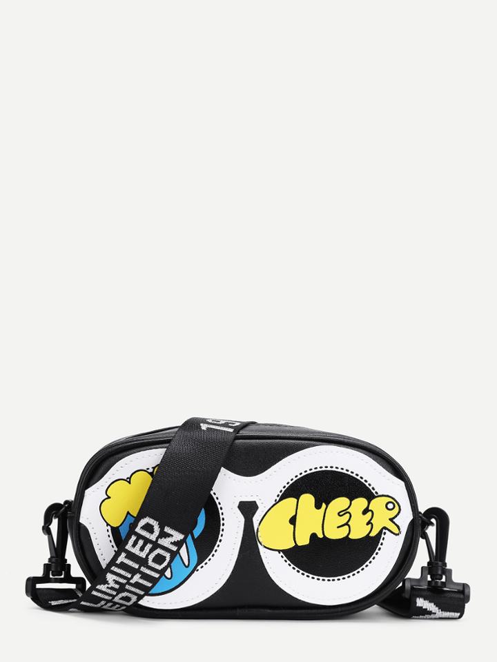 Romwe Cartoon Print Pu Crossbody Bag With Guitar Strap