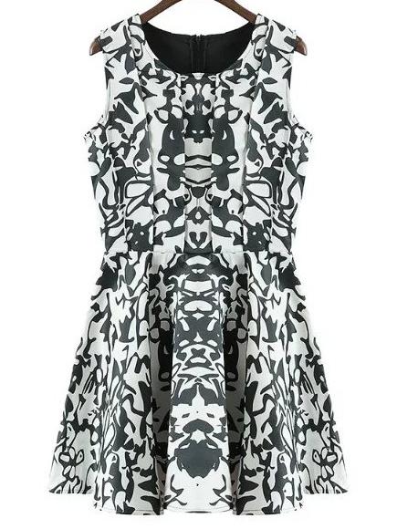 Romwe Black White Sleeveless Zipper Back Print Flare Dress